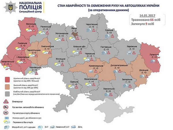 Нацполиция сообщает о критической аварийности на дорогах в пяти областях