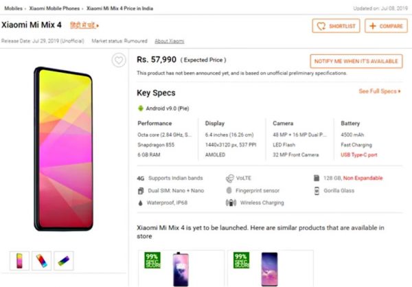 Смартфон Xiaomi Mi Mix 4: появились характеристики и цена
